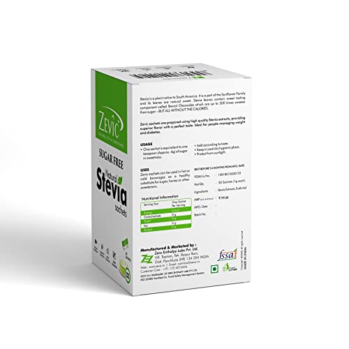Zevic 100% Natural Sugar Free Stevia Sachets | Zero Calories Sweetener | Vegan & Keto | Sugar Substitute Sachets Diabetic Friendly - 50 Pcs Box (Pack of 3) - Image 2