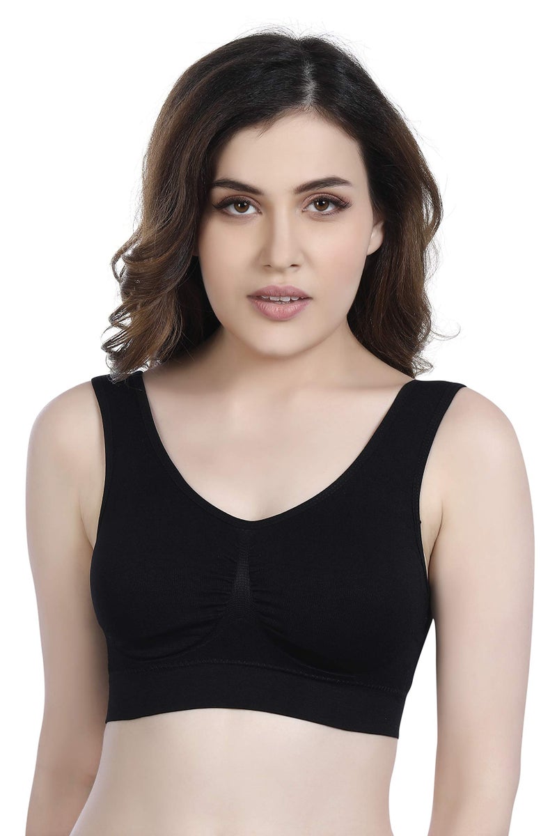 PLUMBURY Women's Nylon Blend Lightly Padded Wire Free Sports Bra (Padded Air Bra_Black_XL) - Image 1