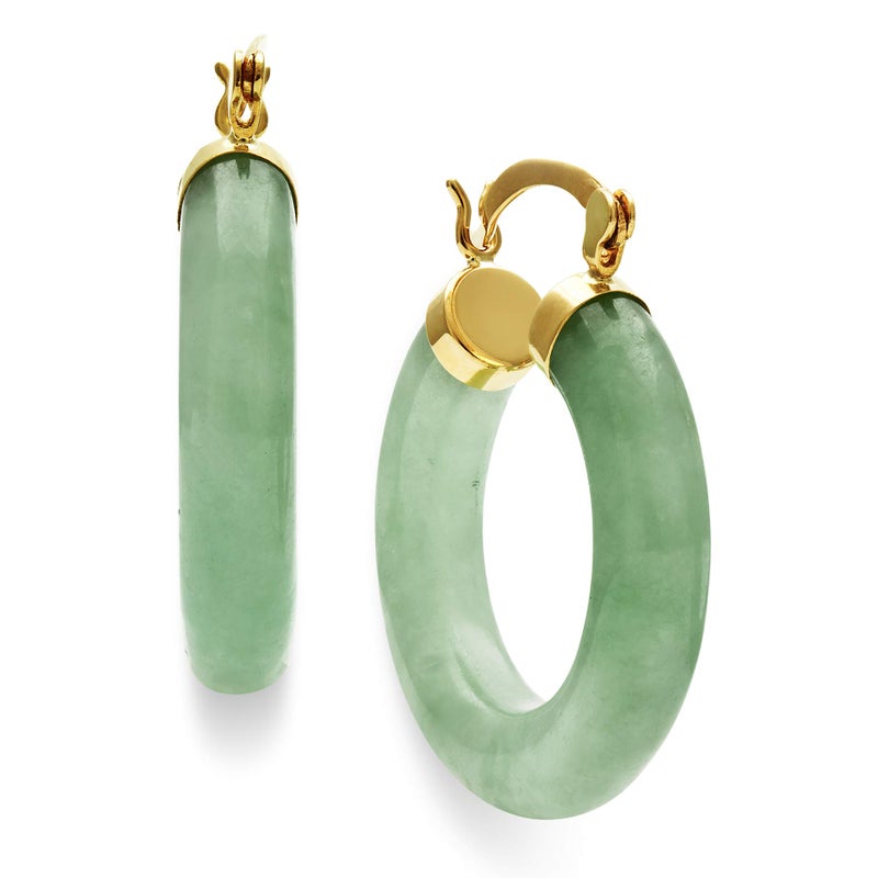 Belacqua Natural Green Jade Hoop Earrings in 10K Yellow Gold, Hinge and Notched Post, 1'' Diameter, Classic Jewelry for Women, Gift Box Included - Image 1