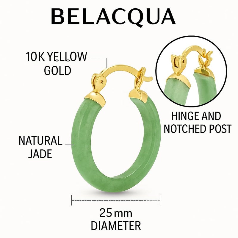 Belacqua Natural Green Jade Hoop Earrings in 10K Yellow Gold, Hinge and Notched Post, 1'' Diameter, Classic Jewelry for Women, Gift Box Included - Image 2