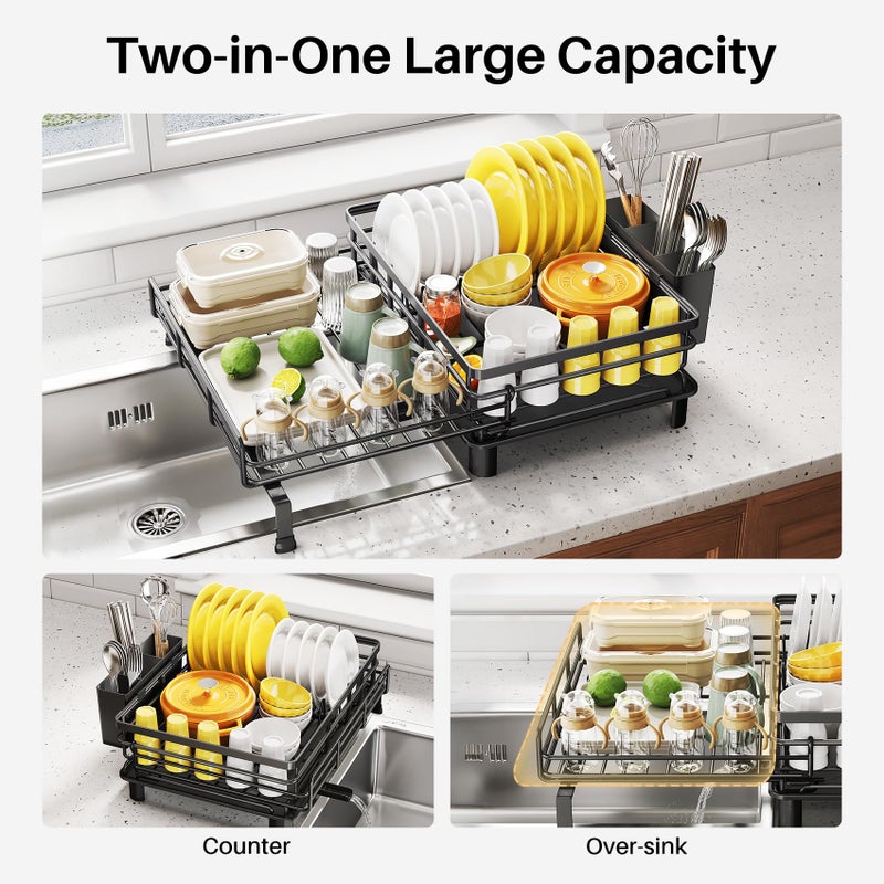 SNTD Dish Drying Rack - Extendable Dish Rack, Large Sink Drying Dish Drainer for Kitchen Counter, Stainless Steel Dish Strainer with Utensil Holder (Black) - Image 2