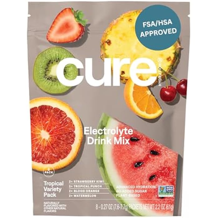 Cure Hydration | Plant-Based Electrolyte Drink Mix | No Added Sugar | FSA-HSA | Dehydration Relief Powder Made with Coconut Water | Non-GMO | Vegan | 8 Packets - Tropical Variety Pack - Image 1