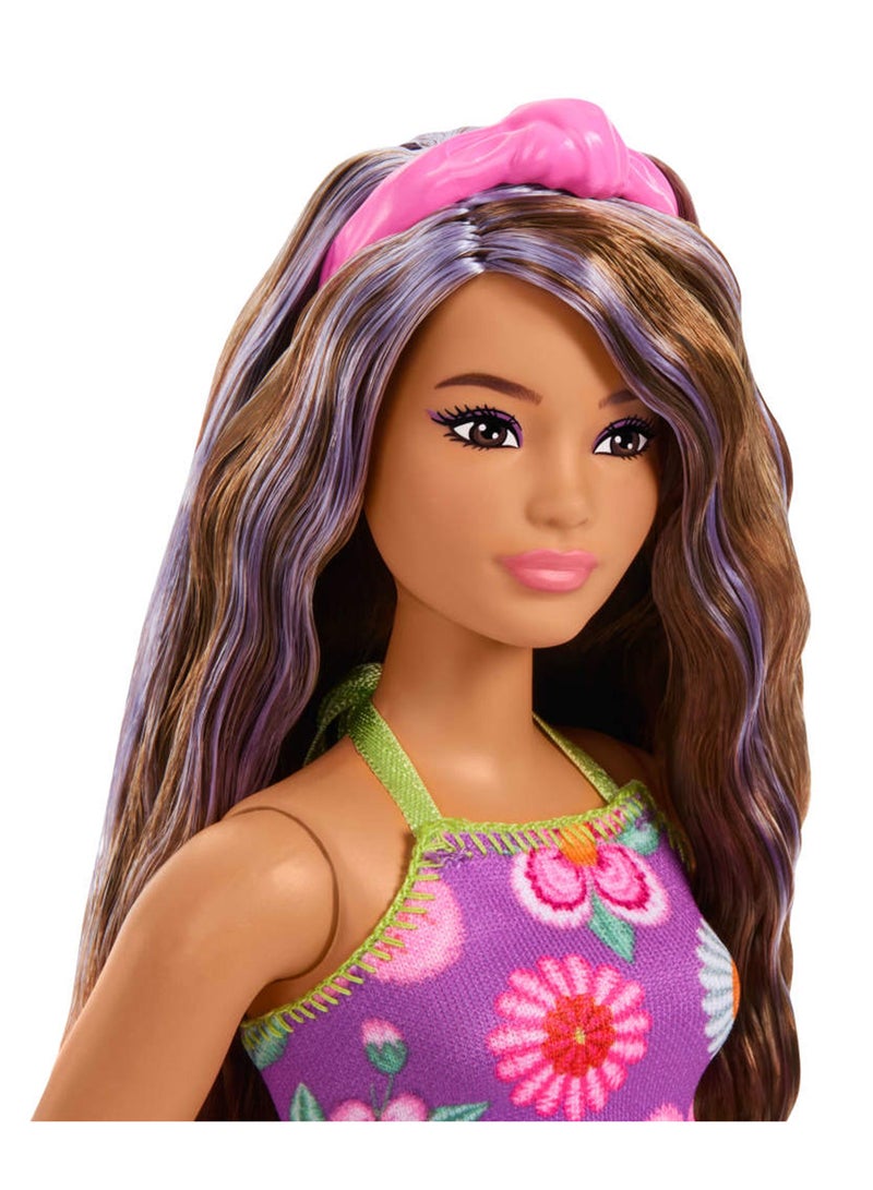 Barbie Fashionistas Doll #244 with Purple-Streaked Brown Hair, Purple Floral Halter Top and Matching Skirt with Accessories like Headband and Sandals - Image 3