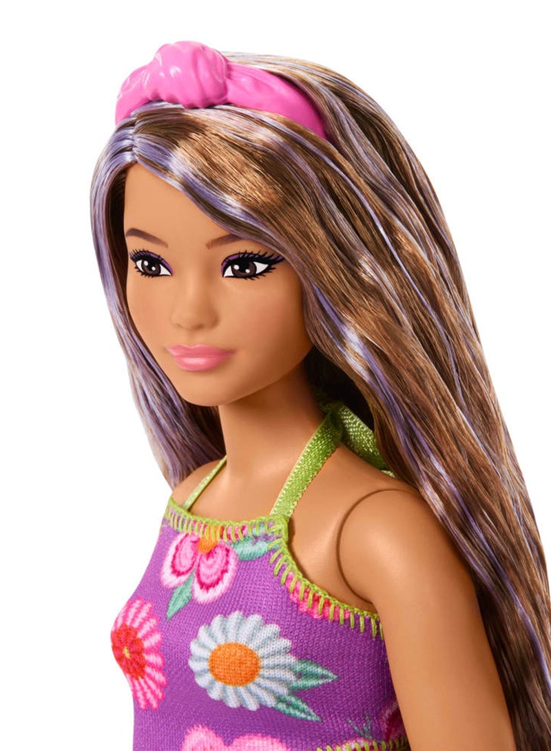 Barbie Fashionistas Doll #244 with Purple-Streaked Brown Hair, Purple Floral Halter Top and Matching Skirt with Accessories like Headband and Sandals - Image 4