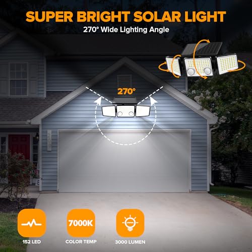 UME Solar Outdoor Lights 3000 Lumen 7000K, 152 LED Super Bright Motion Sensor Outdoor Light with 2 Sensors, IP65 Waterproof 270 Wide Angle Solar Flood Light with 3 Modes for Garden - 2 Pack - Image 3