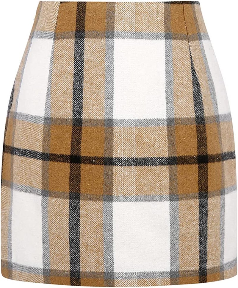 High-Waist Plaid Wool Pencil Mini Skirt shallow khakis