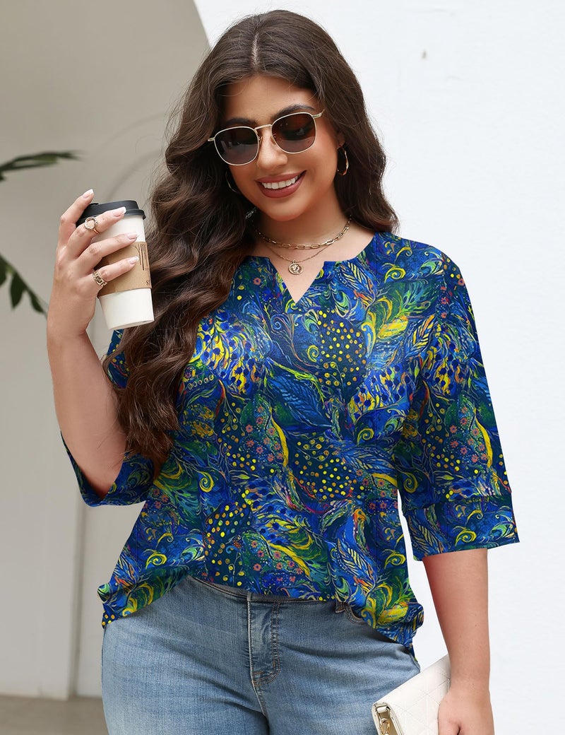 TFSDOD Spring Tops for Women Plus Size Tunic Tops for Women Blouse Casual 3/4 Sleeve V Neck Boho Clothes Deep Blue Peacock Print 4XL - Image 5