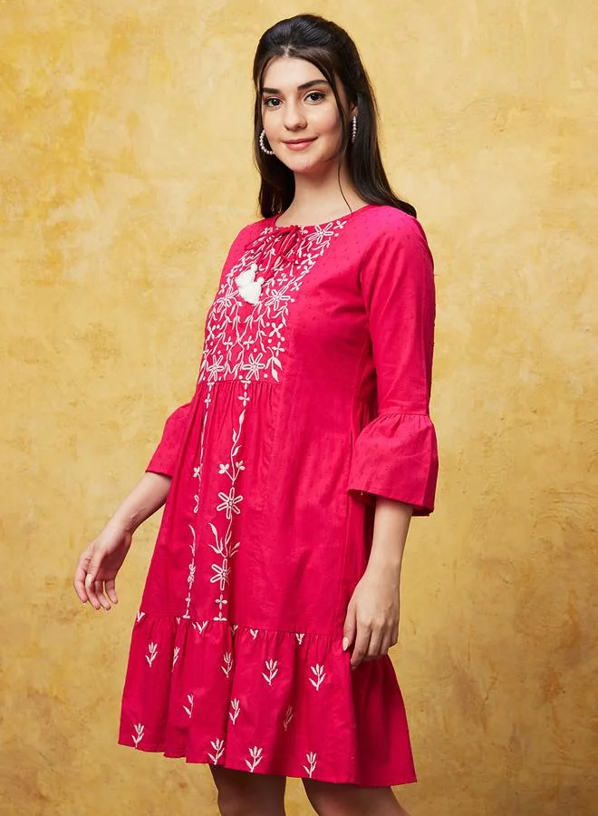 جلو باص Globus Women Pink Embroidered Tie-Up Neck A-Line Mini Dress