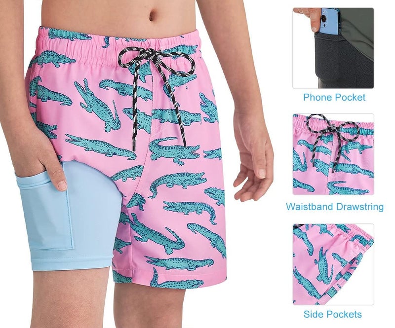 Cozople Teen Boys Crocodile Swim Trunks Size 14-16 Swimwear Quick Dry UPF50+ Stretchy Compression Lining Bathing Suits Blue Sports Surfing Boardshorts Swimsuit with Inner Boxer Brief Shorts - Image 4