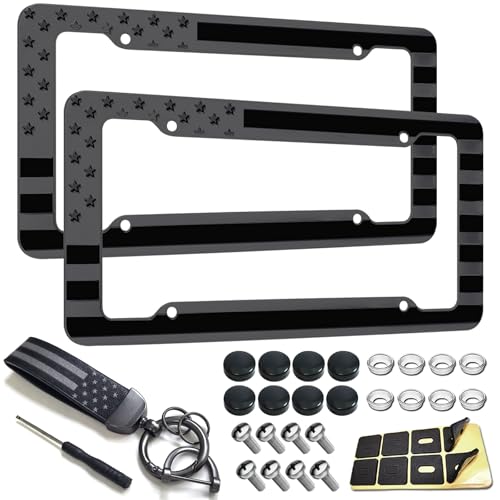 NJNYLLC American Flag License Plate Frame 2 Pack - Patriotic USA 3D Embossed Stars and Stripes Design, Black Plastic Car Tag Holder with Keychain & Screws - Image 1