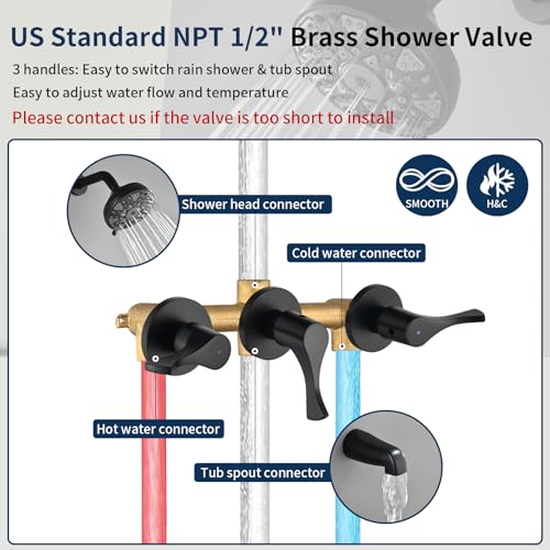 DIFEINI Matte Black 3 Handles Shower Faucet Set with Tub Spout Bathtub Shower Faucets Combo Set Shower System Complete Tub and Shower Trim Kit Shower Fixtures - Image 3