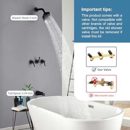 DIFEINI Matte Black 3 Handles Shower Faucet Set with Tub Spout Bathtub Shower Faucets Combo Set Shower System Complete Tub and Shower Trim Kit Shower Fixtures - Image 2