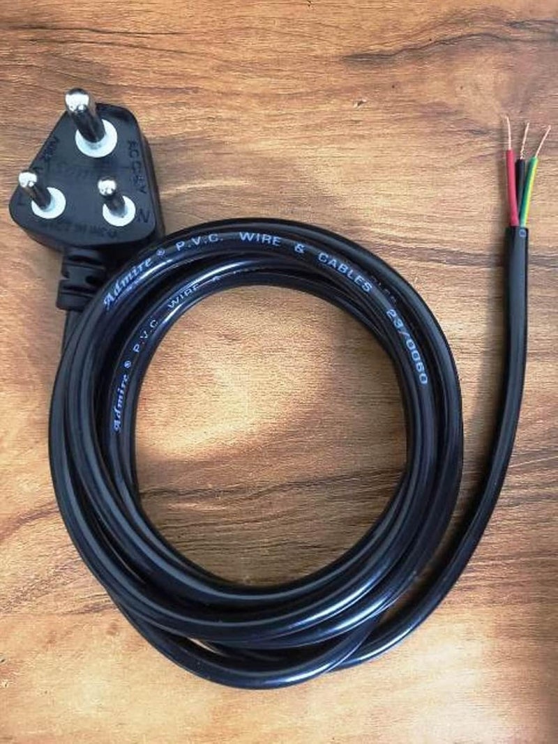 3 Pin Heavy Duty Copper Replacement Power Supply Cord 22 Meter Cable AC Extension for Universal AC Appliances 3 CoreUpto 10 Amp Repairing Uses 3 Pin Male to 3 Open Wire