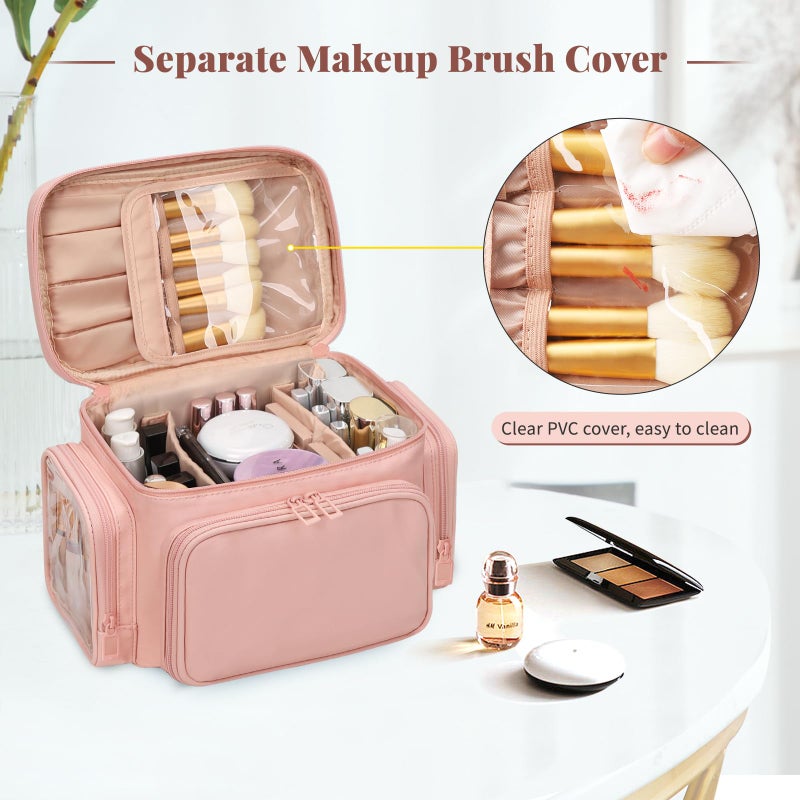 Bagmoly Large Makeup Bag, Portable Travel Makeup Bag Organizer for Women Girls with Makeup Brush Compartment & Two Side Pockets, Cosmetic Travel Bag Vertical Storage Toiletry - Pink - Image 4