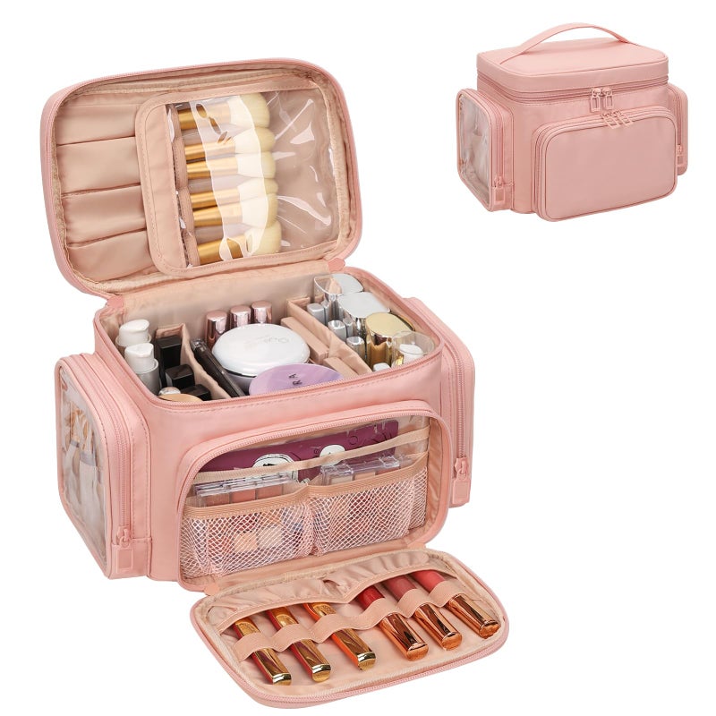 Bagmoly Large Makeup Bag, Portable Travel Makeup Bag Organizer for Women Girls with Makeup Brush Compartment & Two Side Pockets, Cosmetic Travel Bag Vertical Storage Toiletry - Pink - Image 1