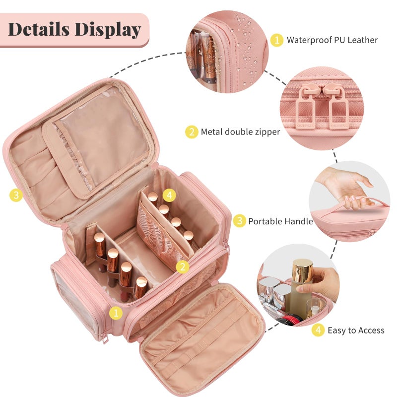 Bagmoly Large Makeup Bag, Portable Travel Makeup Bag Organizer for Women Girls with Makeup Brush Compartment & Two Side Pockets, Cosmetic Travel Bag Vertical Storage Toiletry - Pink - Image 3