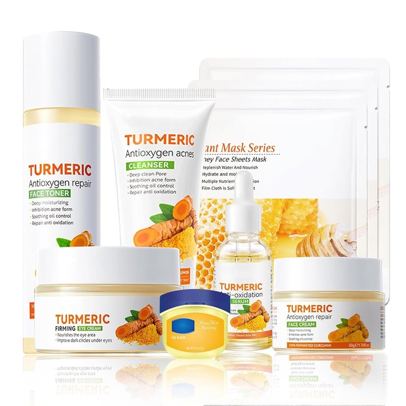 PPPanYiDi 9 Pcs Turmeric Skincare Set with Moisturizing Facial CleanserTonerFace Serum Facial Cream Eye CreamTravel Size Lip Balm and 3 Hydrating Face Sheet Masks Skin Care Set - Image 1