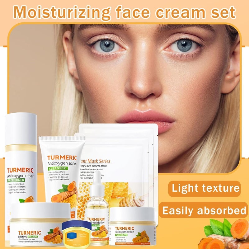 PPPanYiDi 9 Pcs Turmeric Skincare Set with Moisturizing Facial CleanserTonerFace Serum Facial Cream Eye CreamTravel Size Lip Balm and 3 Hydrating Face Sheet Masks Skin Care Set - Image 2