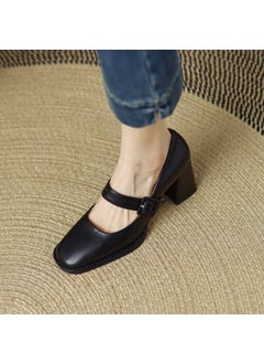 Generic French Vintage Womens Shoes 2023 New Style Thick Heel Shallow Mouth High Heel Shoes Brown Soft Leather One-Row Mary Sandals Black 