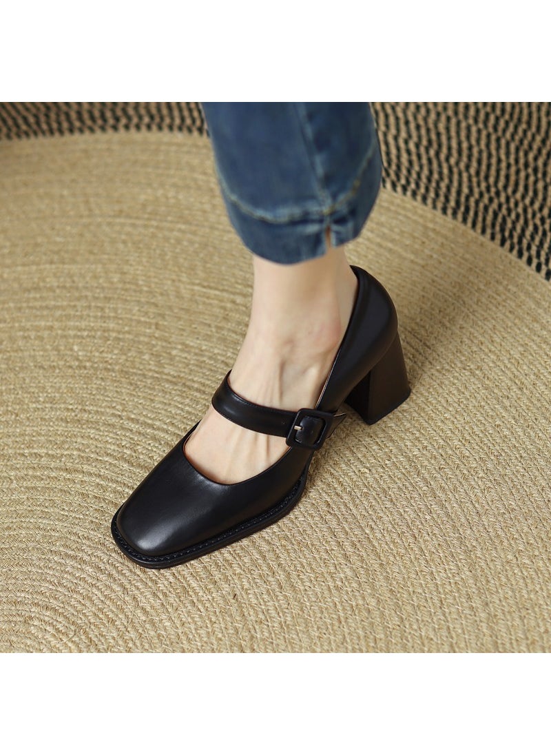 Generic - French Vintage Womens Shoes 2023 New Style Thick Heel Shallow Mouth High Heel Shoes Brown Soft Leather One-Row Mary Sandals Black - Image 1