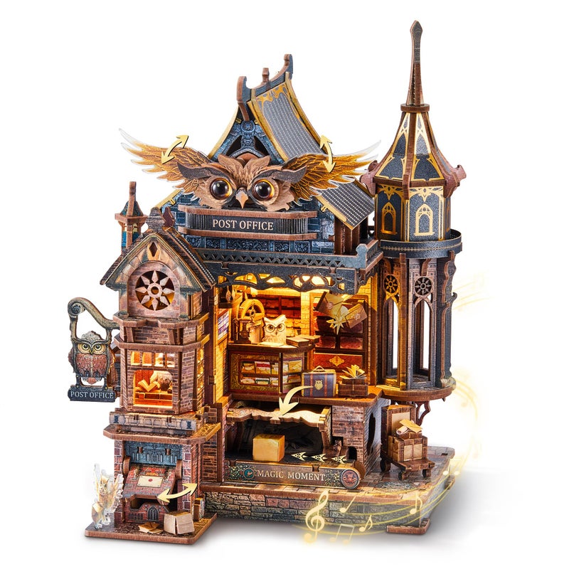 FUNPOLA LED 3D Wood Puzzle Owl Post Office, Dynamic Model with Mechanical Gears, DIY Miniature Kit with Music and LED Lights, Home DÃ©cor Gift for Adults and Teens - Image 1
