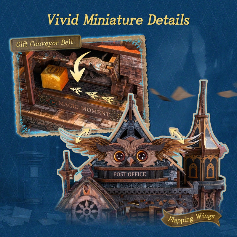 FUNPOLA LED 3D Wood Puzzle Owl Post Office, Dynamic Model with Mechanical Gears, DIY Miniature Kit with Music and LED Lights, Home DÃ©cor Gift for Adults and Teens - Image 4