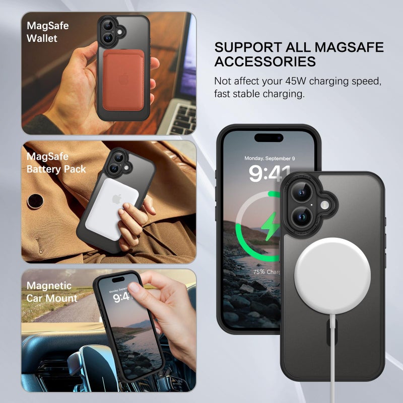 BENTOBEN Case for iPhone 16 with Mag-Safe Magnetic Case for iPhone 16 6.1 Inch Translucent Matt Anti-Fingerprint Mobile Phone Case Back Thin Shockproof Protective Case Black - Image 5