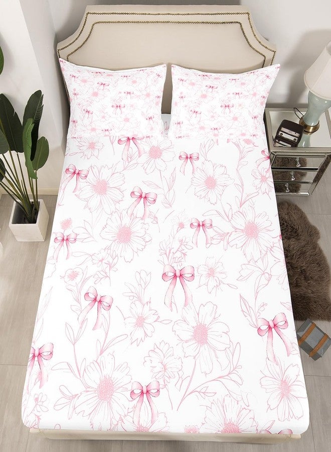 Man Fei Pink Bow Fitted Sheet,Natural Rustic Daisy Flowers Hand Graffiti White Soft Decorative Fabric Bedding Dreamy Princess Style Bowknot Pocket Twin Size with 1 Pillowcase(No Flat Sheet) - Image 3