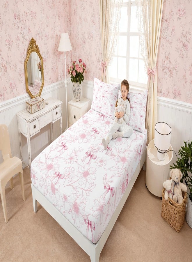 Man Fei Pink Bow Fitted Sheet,Natural Rustic Daisy Flowers Hand Graffiti White Soft Decorative Fabric Bedding Dreamy Princess Style Bowknot Pocket Twin Size with 1 Pillowcase(No Flat Sheet) - Image 1