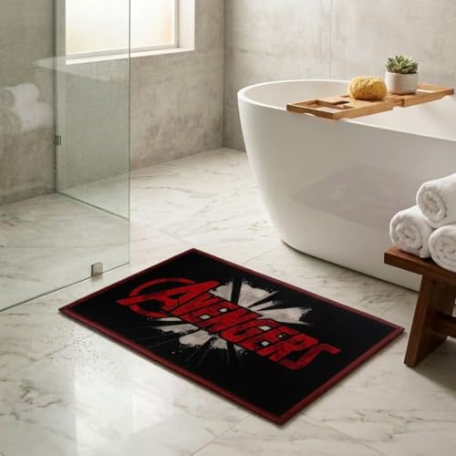 Athom Living Marvel Avenger Red Text Printed Black and Red Colour Kids Nylon Bathmat, with Latex Backing, Anti-Skid Bathmat, 37 x 57 cm, Pack of 1 - Image 1