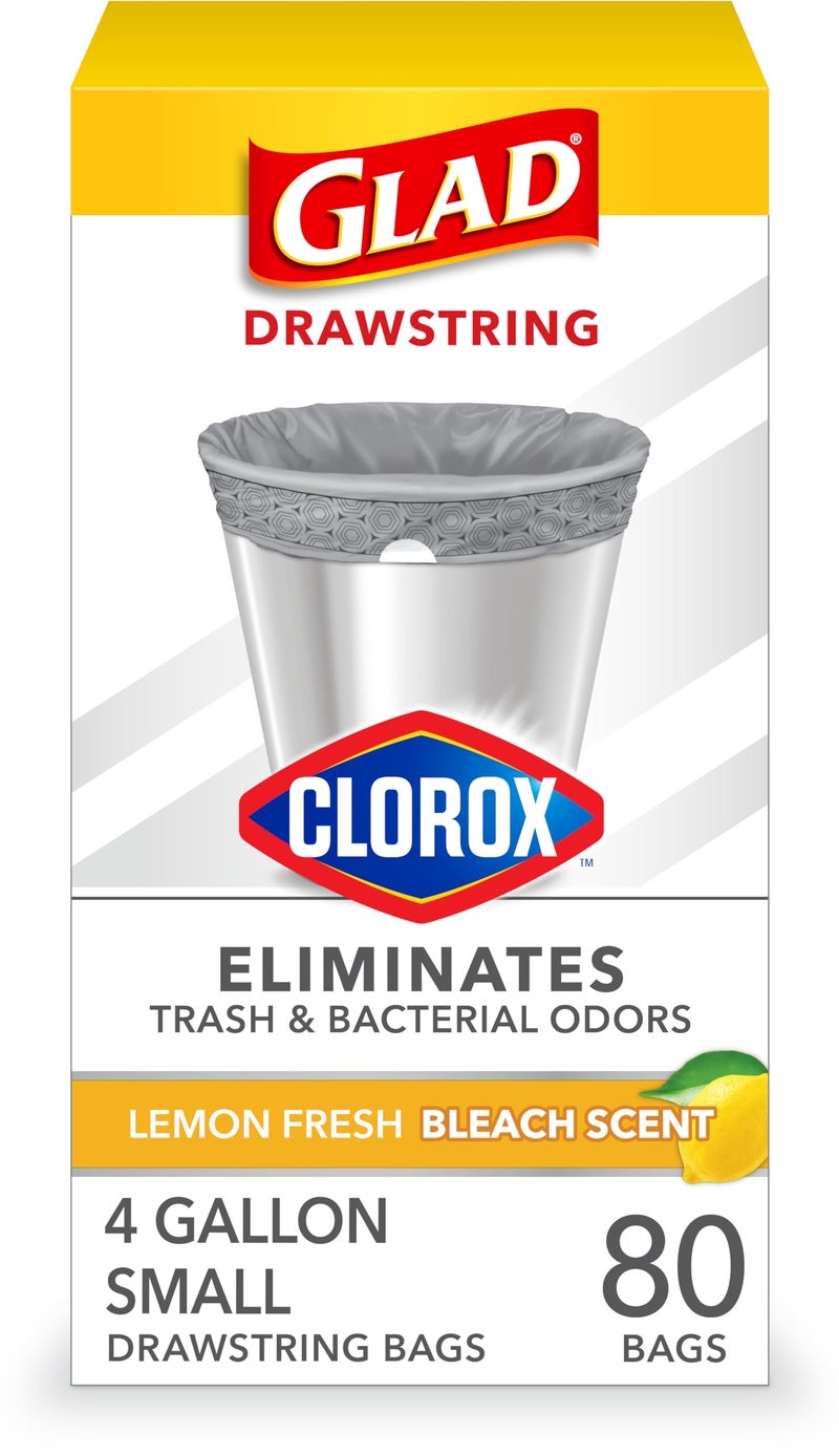 Glad Small Drawstring Trash Bags with Clorox, 4 Gal, Lemon Fresh Bleach, 80 Ct (Package May Vary) - Image 1