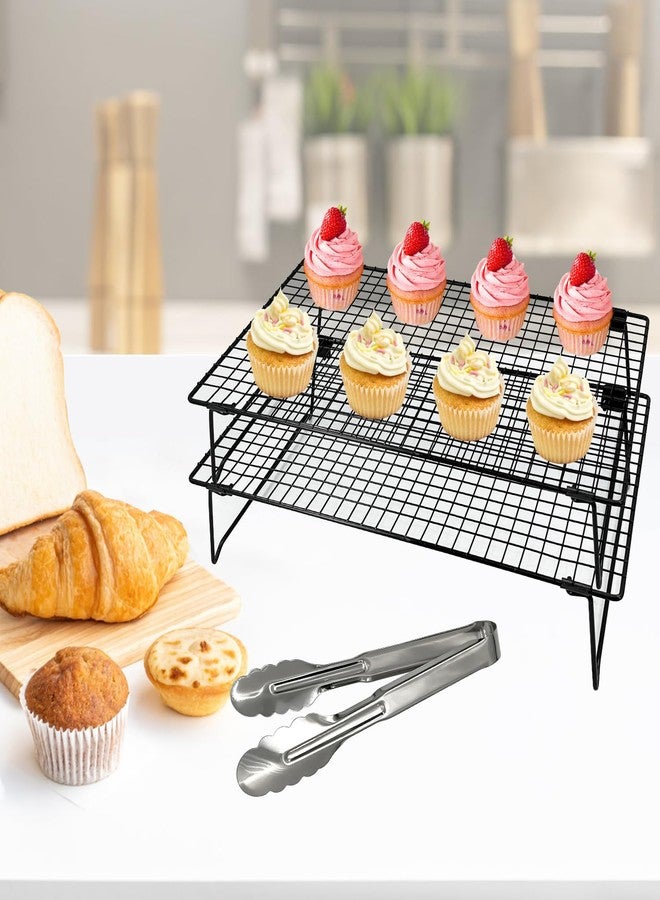 EQUNROY 2-Pack 16.9x11inch Cooling Rack with Collapsible Legs & Stainless Steel Food Tongs - Folding Cooking Baking Grilling Rack for Oven, Drying, Roasting (Black) - Image 5