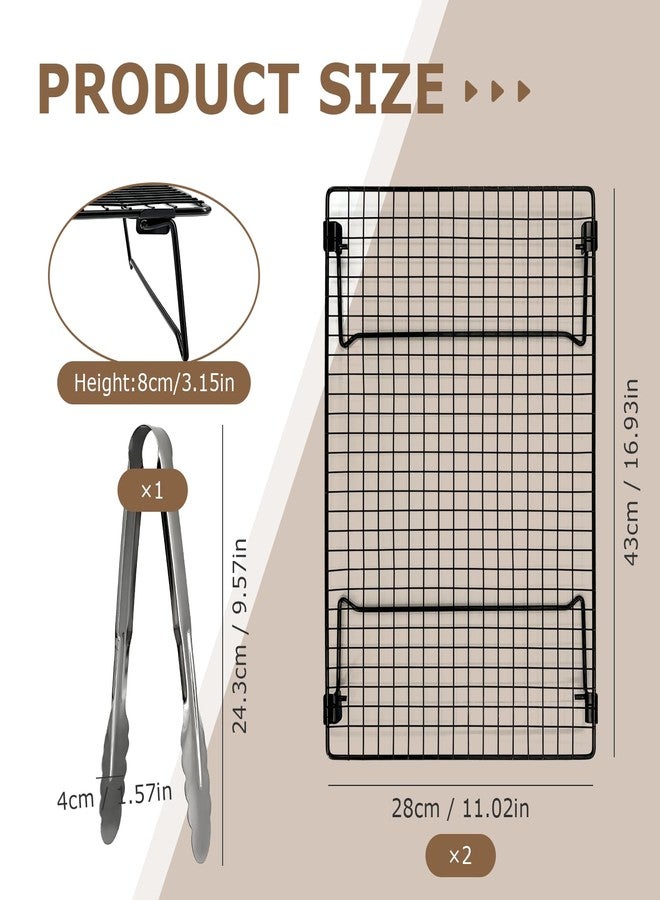 EQUNROY 2-Pack 16.9x11inch Cooling Rack with Collapsible Legs & Stainless Steel Food Tongs - Folding Cooking Baking Grilling Rack for Oven, Drying, Roasting (Black) - Image 2