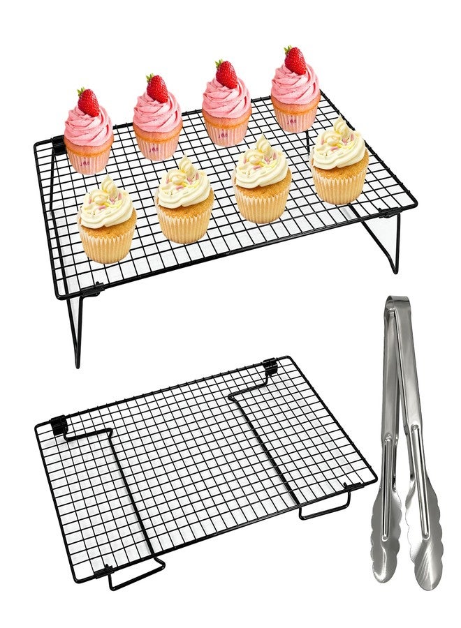 EQUNROY 2-Pack 16.9x11inch Cooling Rack with Collapsible Legs & Stainless Steel Food Tongs - Folding Cooking Baking Grilling Rack for Oven, Drying, Roasting (Black) - Image 1