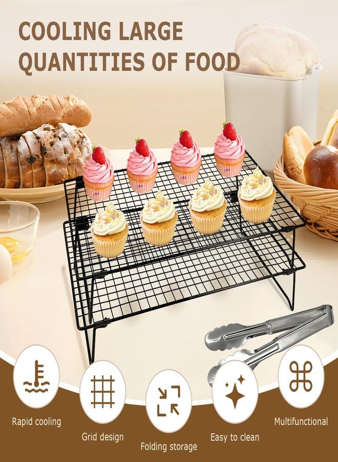 EQUNROY 2-Pack 16.9x11inch Cooling Rack with Collapsible Legs & Stainless Steel Food Tongs - Folding Cooking Baking Grilling Rack for Oven, Drying, Roasting (Black) - Image 3