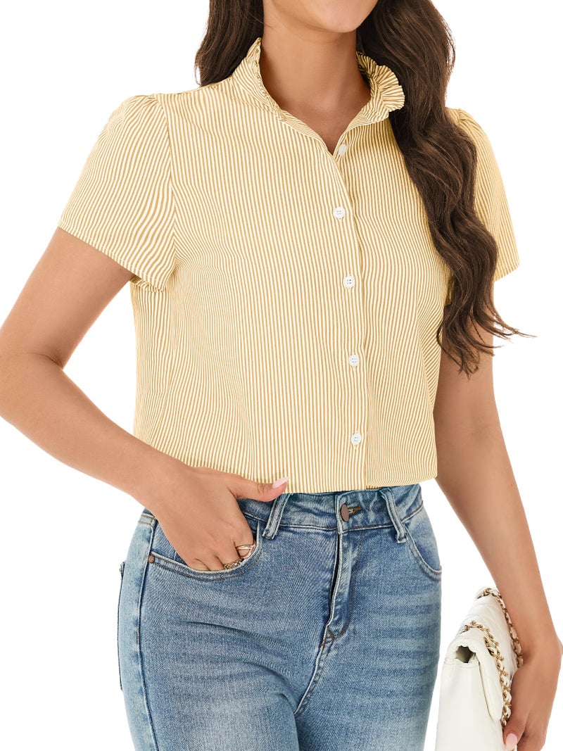 Funlingo Blouses for Women Business Casual Short Sleeve Button Down Striped Shirts Summer Ruffle Collared Work Tops Fashion Clothing Yellow White XS - Image 3