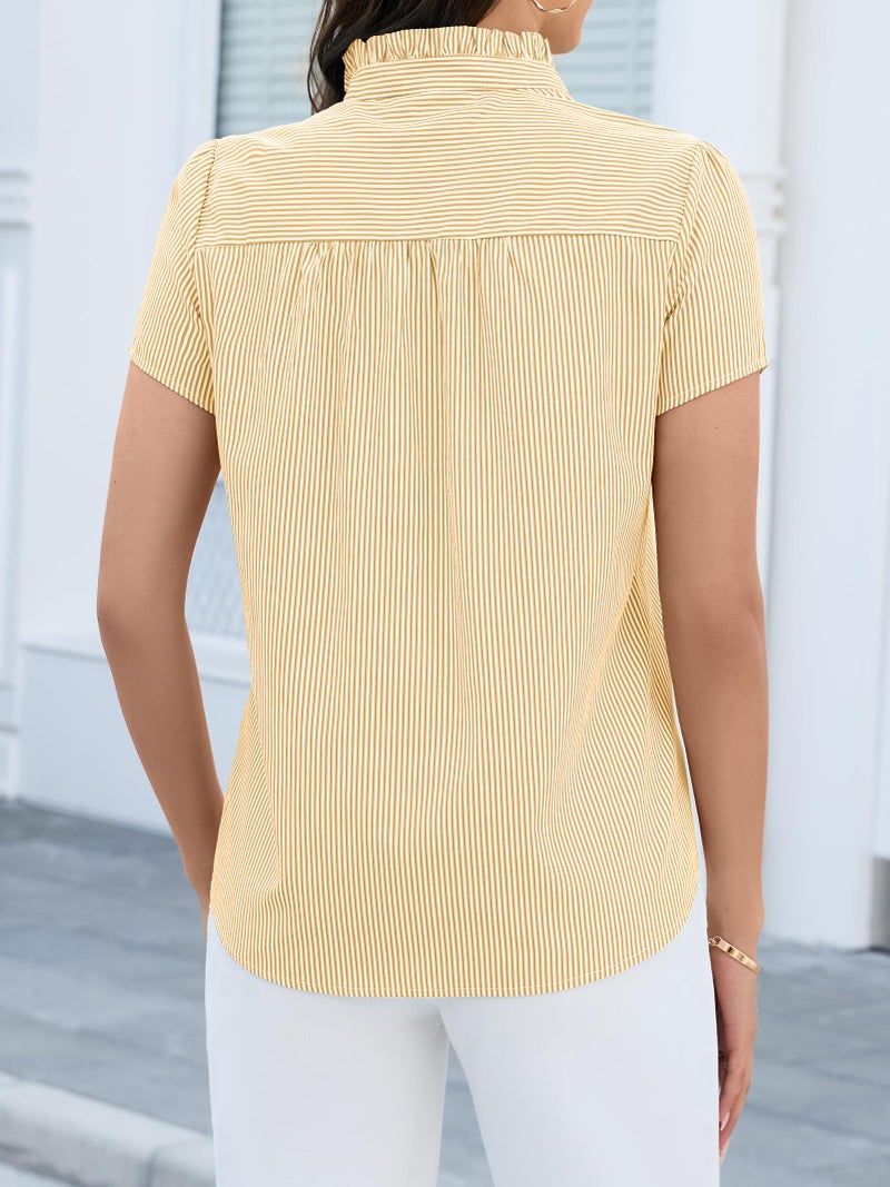 Funlingo Blouses for Women Business Casual Short Sleeve Button Down Striped Shirts Summer Ruffle Collared Work Tops Fashion Clothing Yellow White XS - Image 5