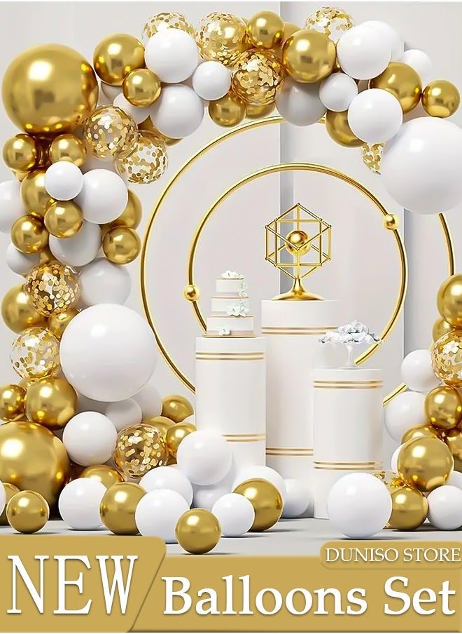 دونيسو طقم قوس إكليل بالونات 124 قطعة 5/10/12/18 بوصة مجموعة بالونات من اللاتكس الذهبي والأبيض لحفل استقبال الطفل حفل زفاف حفلة عيد ميلاد زينة خلفية حفل افتتاح المدرسة - Image 1