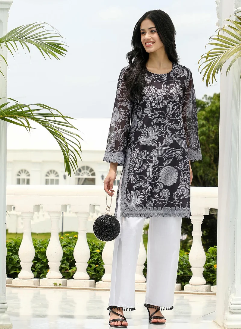 QISSA Women's Floral-Galleria Kurta Set For Ethnic Wear | Round Neck, Long Lace Cuffed Sleeves | Floral Print Woven Fabric | 2 Piece Kurta Set Designed For Casual & Daily Wear
