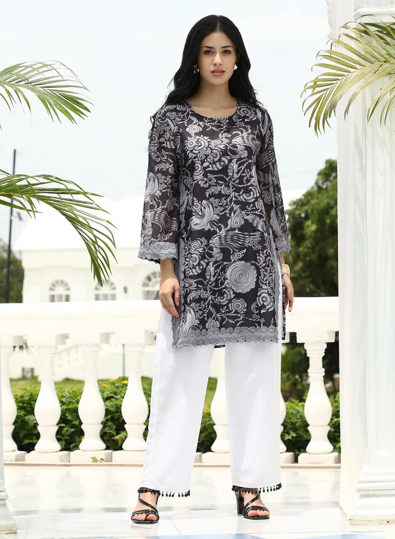 QISSA Women's Floral-Galleria Kurta Set For Ethnic Wear | Round Neck, Long Lace Cuffed Sleeves | Floral Print Woven Fabric | 2 Piece Kurta Set Designed For Casual & Daily Wear