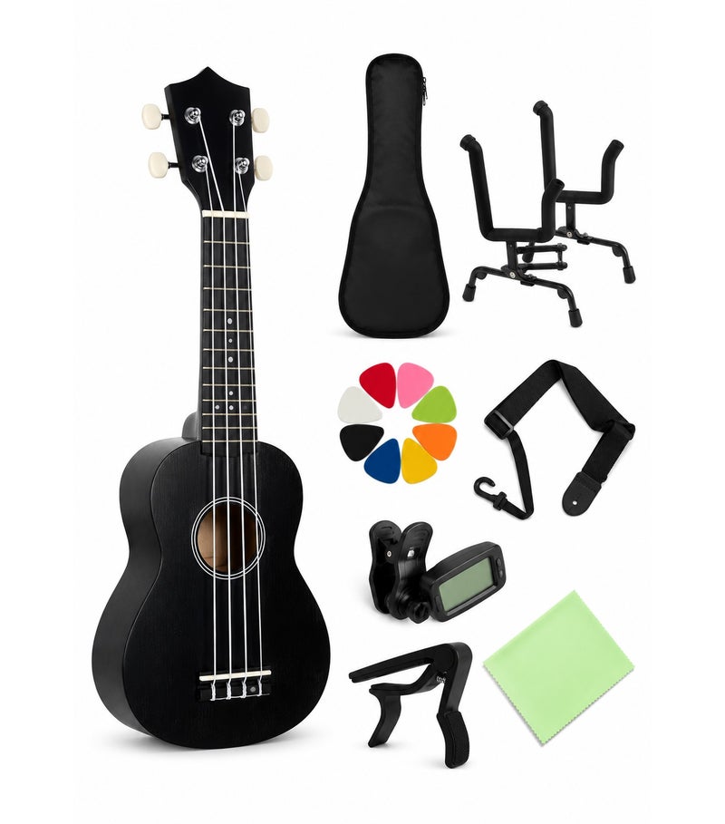 Megarya Black Ukulele 4-String Starter Kit with Gig Bag, Folding Stand, Clip-On Tuner, Capo, Strap, 8 Picks & Cleaning Cloth, Beginner Ukulele Set for Learning & Practice