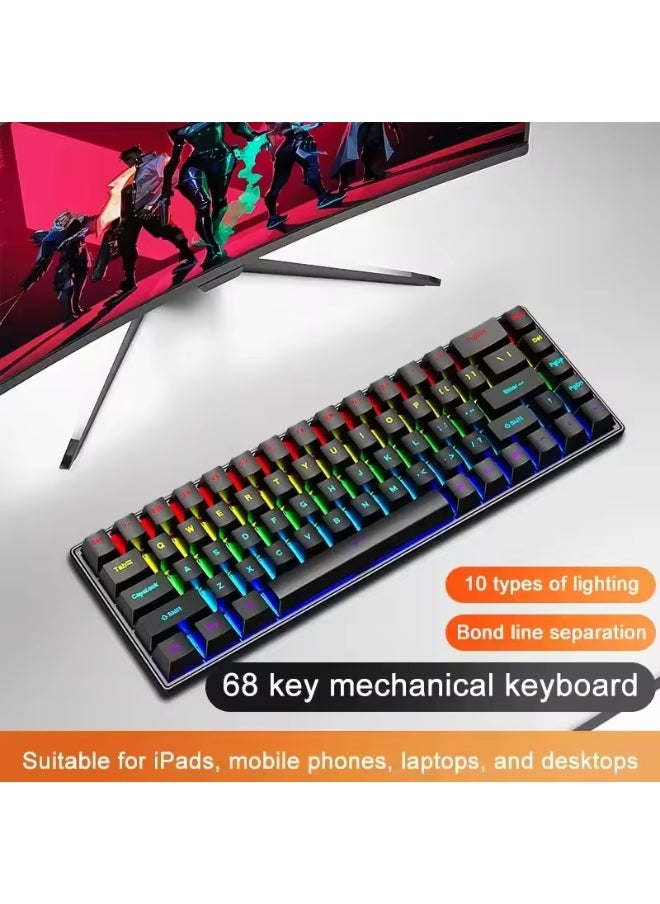 K68 Wired Mechanical Gaming Keyboard with 10 backlight modesRGB lighting effect  Keyboard for Win/Mac/PC(1pc, Black, Axis Body Type (Blue Switch)