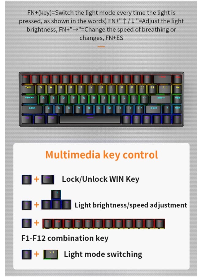 K68 Wired Mechanical Gaming Keyboard with 10 backlight modesRGB lighting effect  Keyboard for Win/Mac/PC(1pc, Black, Axis Body Type (Blue Switch)