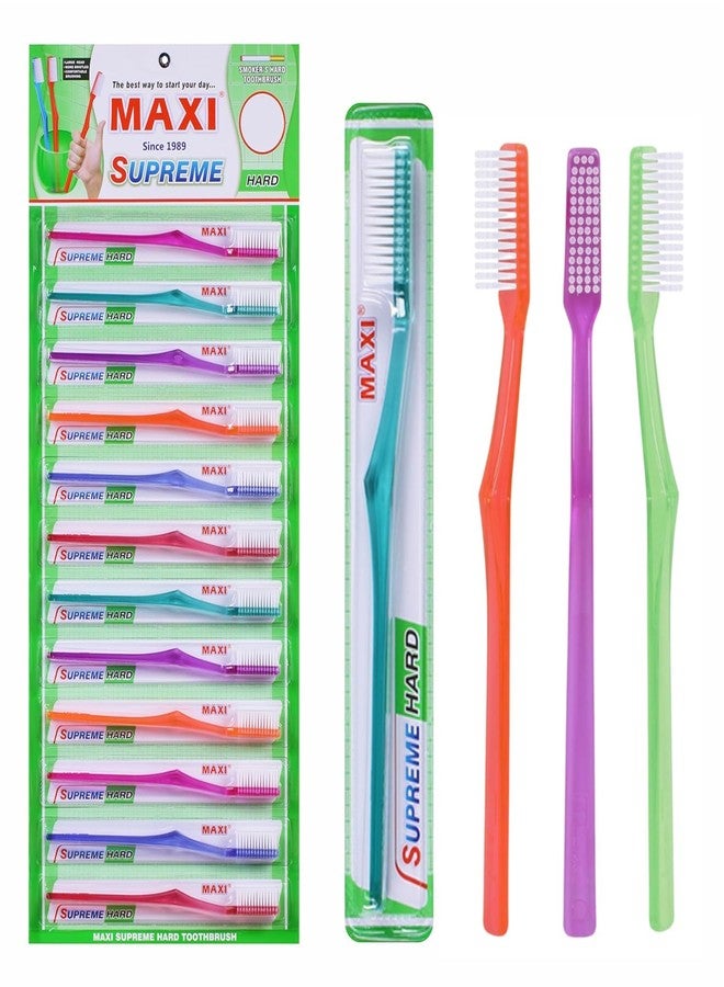 MAXI Supreme Hard Bristle Toothbrush for Adults Pack of 12 | Deep Cleaning, Plaque & Stain Removal | Durable Firm Bristles | Comfortable Grip Handle | Multicolour - Image 1