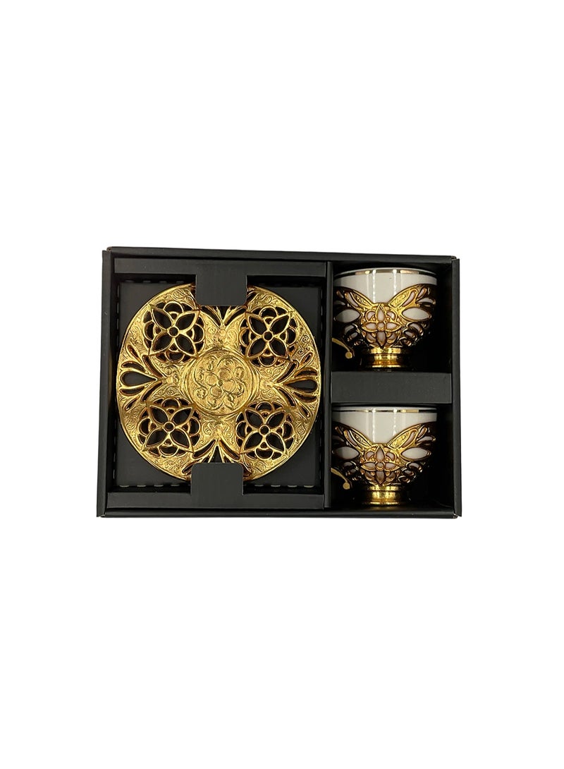 أكار طقم قهوة تركية فاخر من فنجانين مع حوامل وصحون بالتراث العثماني الأنيق باللون الذهبي – صناعة تركية - Image 1