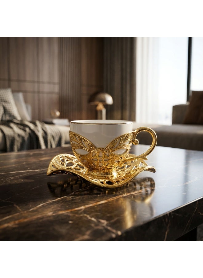 Acar Luxury Turkish Coffee Set of 2 Cups with Holders and Saucers in Elegant Ottoman Style in Gold – Made in Turkey - Image 1