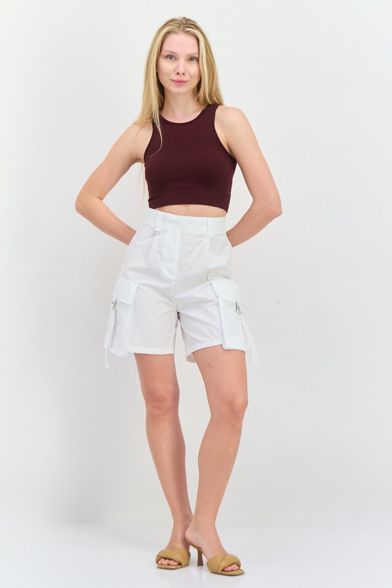 Bershka Women Regular Fit Plain Cargo Shorts, White  - Image 4