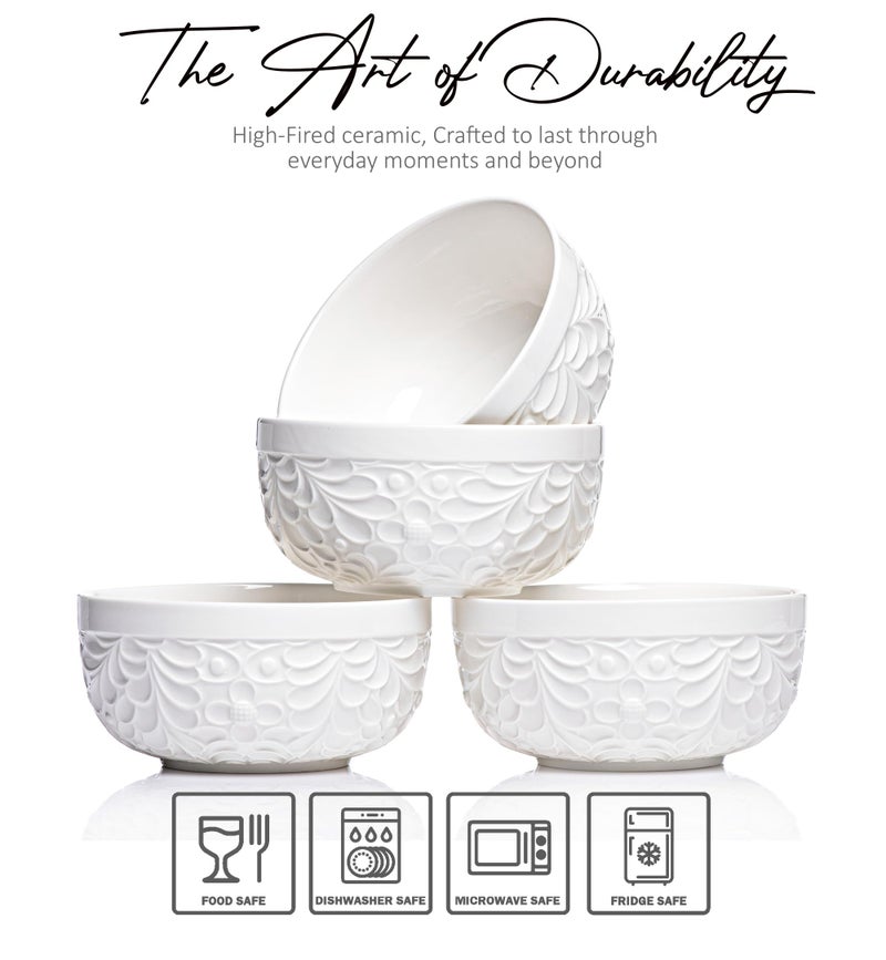 25DOL 22 oz Ceramic Bowls Set of 4 â€“ Embossed Nature-Inspired Design, Versatile Soup & Cereal Bowls â€“ Ideal for Ramen, Pasta, Oatmeal & Salads â€“ Microwave & Dishwasher Safe - Image 3