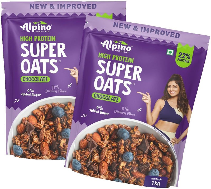Alpino Super Oats Chocolate 2kg 22% High Protein – Rolled Oats, Natural Peanut Butter, Cocoa Powder, Nuts & Seeds – 22g Protein, Source of Dietary Fibre & Healthy Fats, No Added Sugar & Salt, 1kg pack of 2 - Image 1