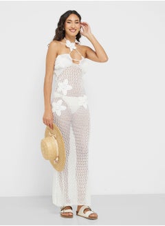Ginger Halter Neck Floral Crosage Detail Crochet Beach Dress  - Image 1